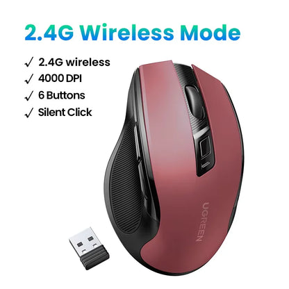 Rato sem fios UGREEN Bluetooth 5.0 ergonómico, 4000DPI, 6 botões silenciosos, para MacBook, tablet, portáteis, computador e PC, rato 2.4G