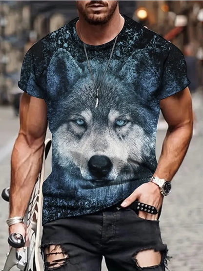 Men 3D Pattern Fire Wolf Graphic Print T-Shirt Summer Oversized Causal T-Shiet Men's Fashion Fitness Short Sleeve Clothing Tops