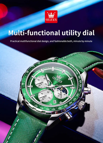 OLEVS Men's Watches Fashion Sports Green Watch For Men Multifunctional Quartz Wristwatches Men Waterproof Leather reloj hombre