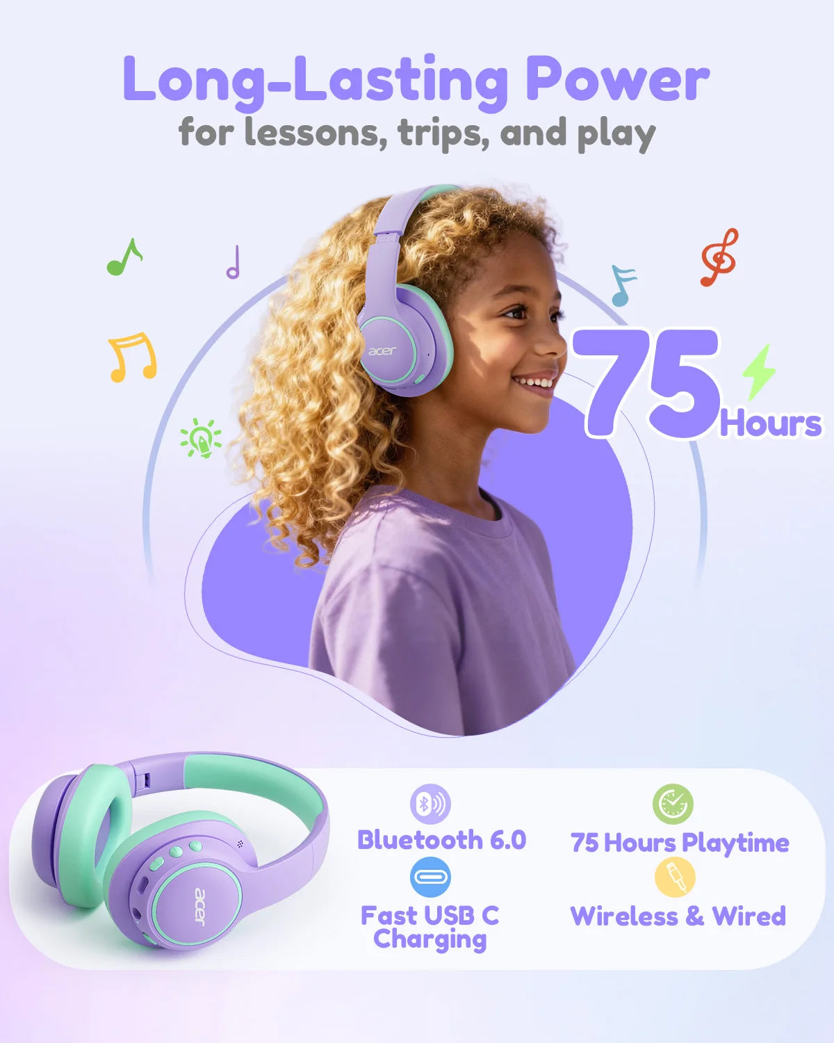 Acer Kids Bluetooth 6.0 Headphones Over Ear Headsets with Mic 75H Playtime 85dBA Safe Volume USB C Fast Charging for IPad Tablet