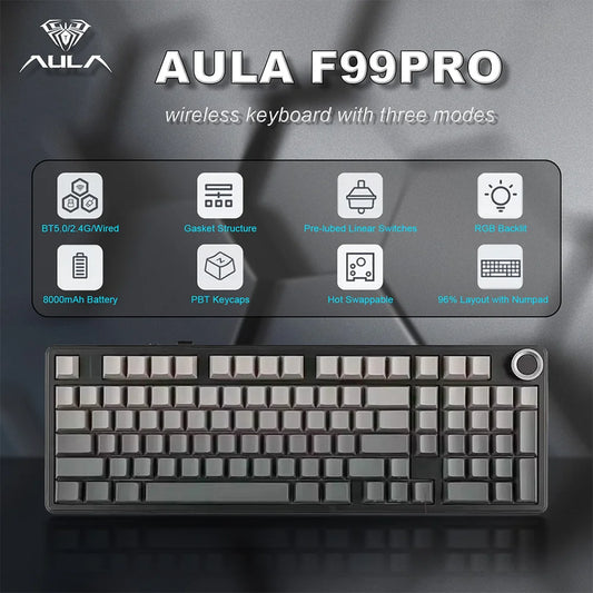 AULA F99 PRO Wireless Gaming Mechanical Keyboard 99 Keys Hot Swappable Gasket Structure 96% 8000mAh Battery Keyboard with Knob