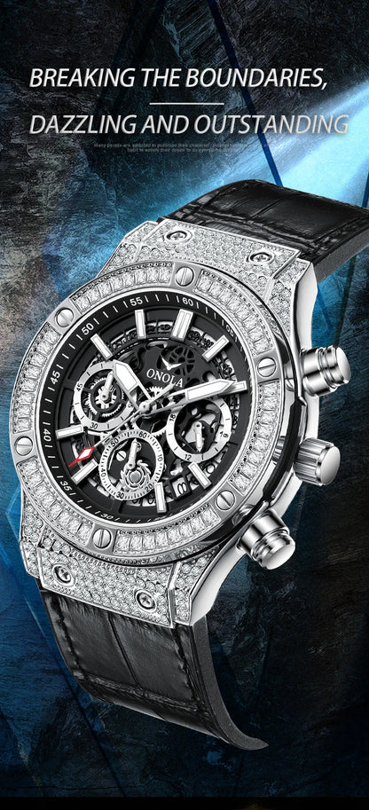 ONOLA Luxury Style Diamond Inlaid Men Quartz Watch Leather Strap Calendar Men Watch 30M Waterproof Men Clock