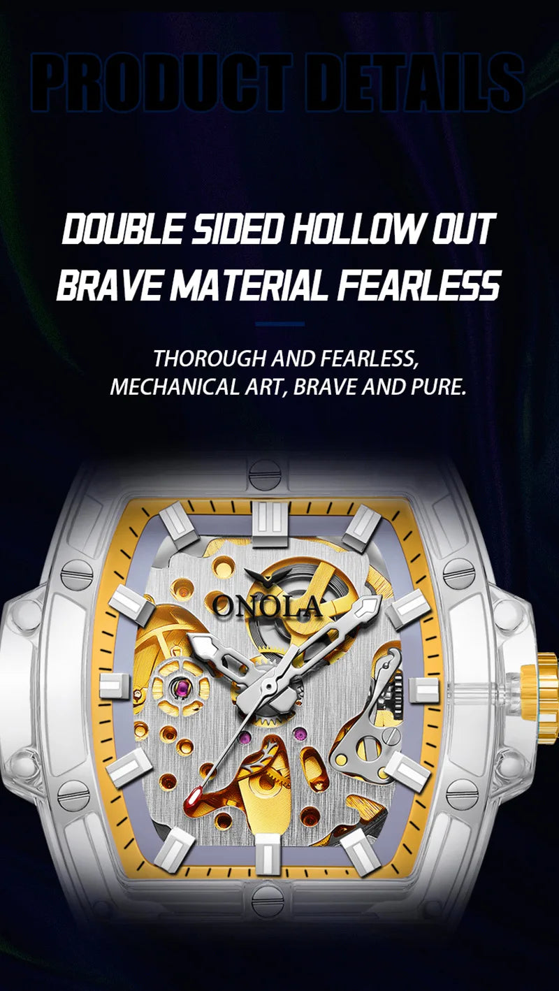 Luxury men's watch onola plastic transparent hollow full automatic mechanical watches men waterproof clock
