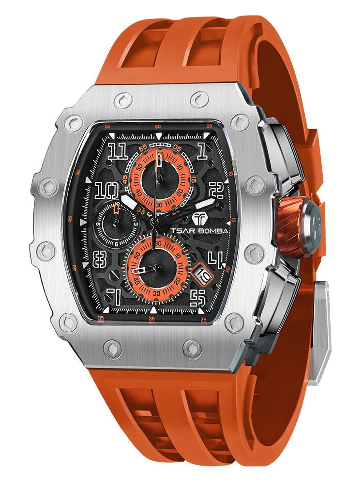 TSAR BOMBA Uhr für Herren, Luxusmarke, Tonneau-Design, wasserdichte Uhr, Edelstahl-Armbanduhr, modische rechteckige Herrenuhr