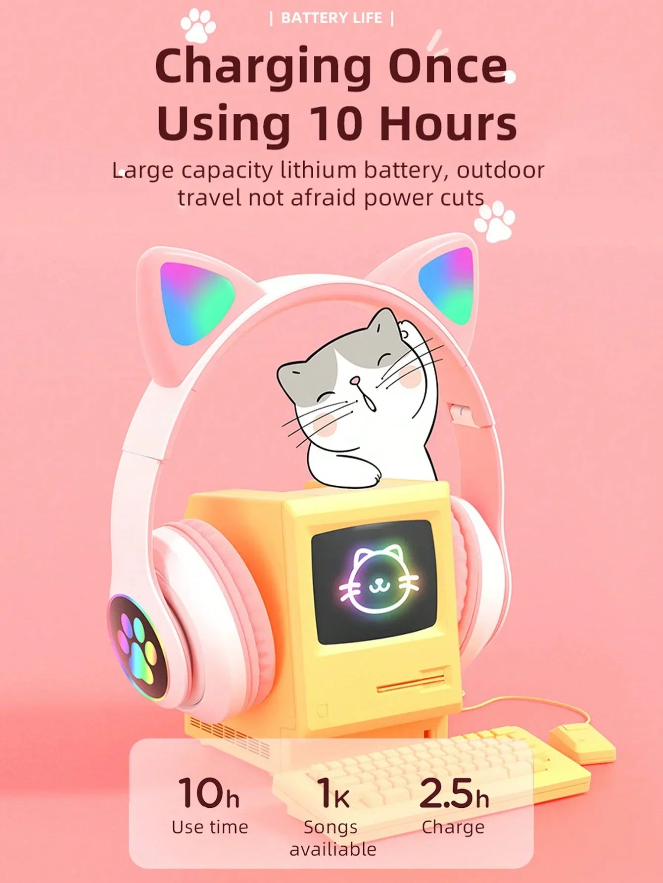 Cute Cat Ears Wireless Bluetooth Headphones with Mic LED Lights, Kids Stereo Music Headset, Cat Ear Wireless Headphones with Noise Cancelling, Gaming & Gift Headphones