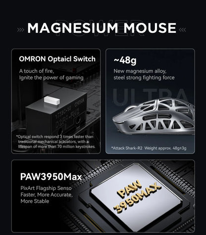 Mouse da gaming wireless Attack Shark R2 PAW3950 8K in lega di magnesio, leggero, Bluetooth tri-mode per gaming/ufficio