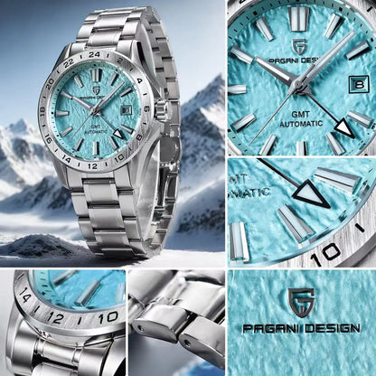 Pagani Design Men's Luxury GMT Automatic Watch Stainless Steel Case Sapphire Glass 100m Waterproof Mechanical Business Watch