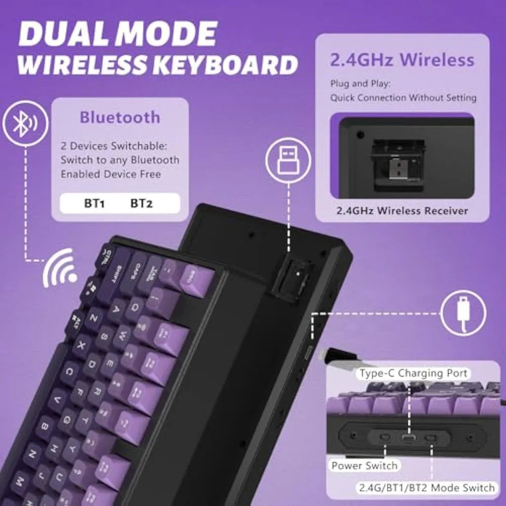 Tastiera gaming wireless Free Wolf M87 75% - Switch silenziosi, retroilluminazione Rainbow, BT/2.4G, copritasti PBT sfumati, design compatto