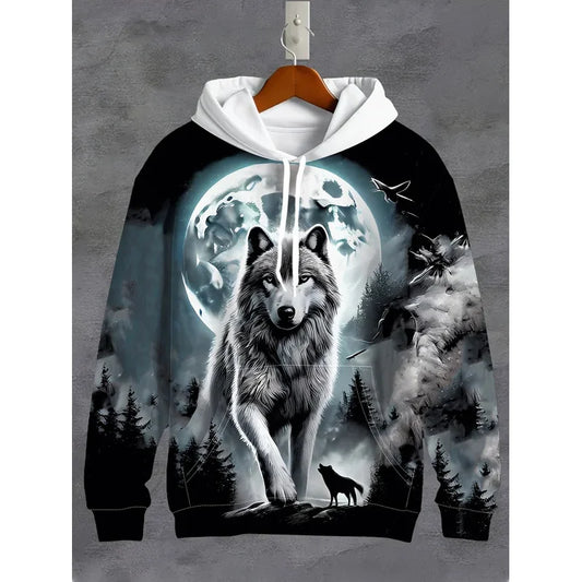 Sweat à capuz para homem com estampado 3D de lobo branco, pullover casual de manga comprida com bolso e cordão de ajuste, 100% poliéster ligeiramente elástico, vestuário masculino
