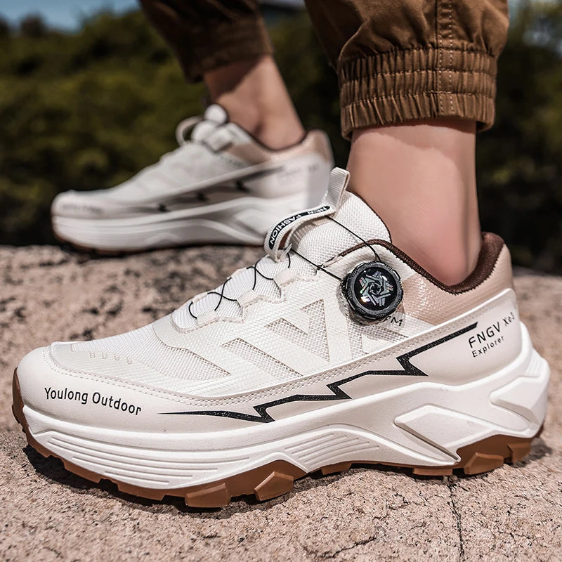 Outdoor Hiking Shoes for Men, Lightweight Trekking Shoes, Breathable Mesh Sneakers, Casual Walking Shoes, Rotating Buckle Design, Non-Slip and Wear-Resistant Trail Shoes, Suitable for Hiking and Camping, 2026 New Running Shoe