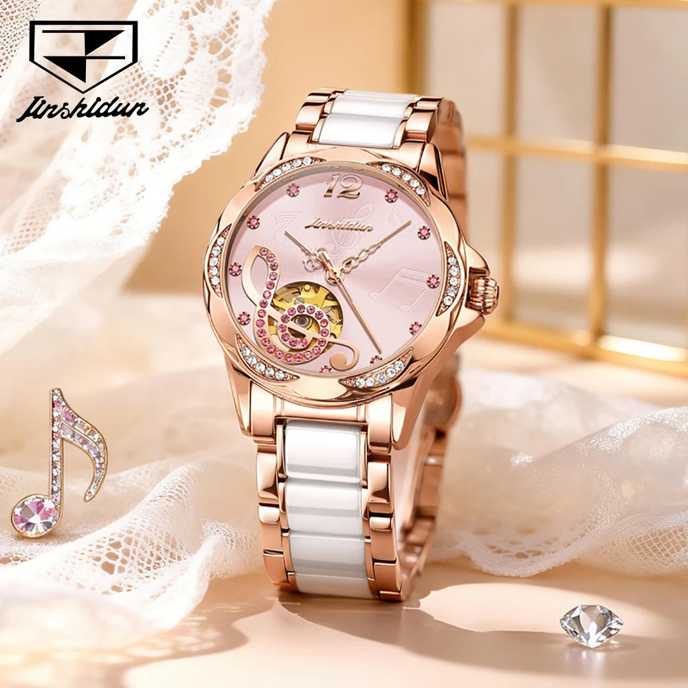 JSDUN 8820 Women Watches Mechanical Watch Luxury Elegant Original Watch Ceramics Strap Waterproof Luminous Ladies Watch Gift Box