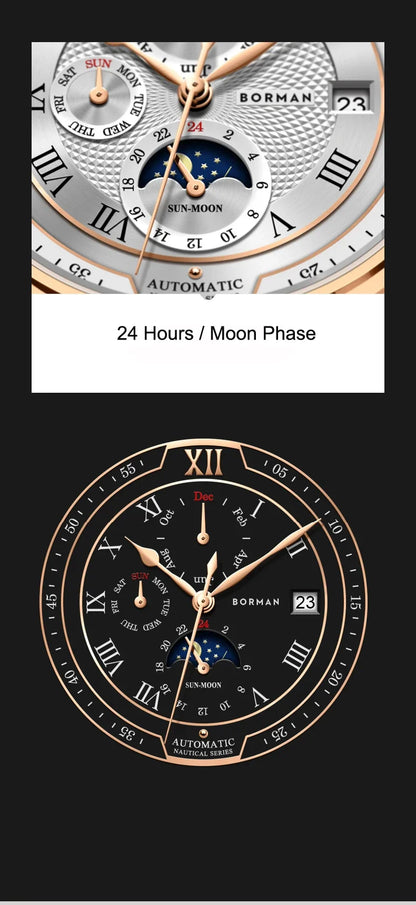 BORMAN BM3868 New 40mm Luxury Men Automatic Mechanical Men's Watches Sapphire Multi-function Waterproof Moon Phase Clocks