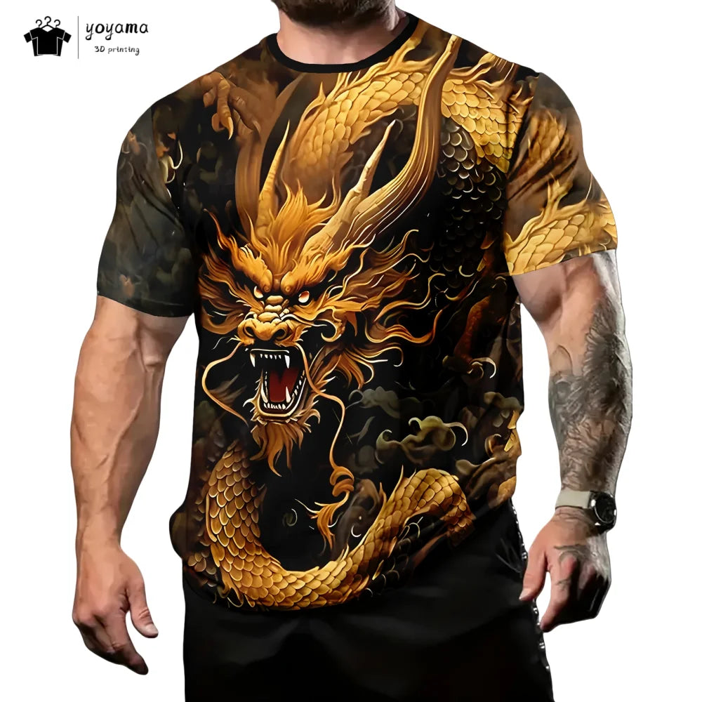 T-shirts för herr med drakmönster, kortärmad T-shirt, trendig streetwear-topp med O-ringning, djurmönster i 3D-tryck, lös och mångsidig herrklädsel