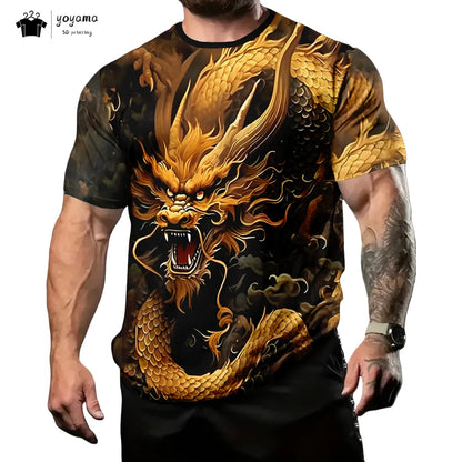 T-shirts för herr med drakmönster, kortärmad T-shirt, trendig streetwear-topp med O-ringning, djurmönster i 3D-tryck, lös och mångsidig herrklädsel