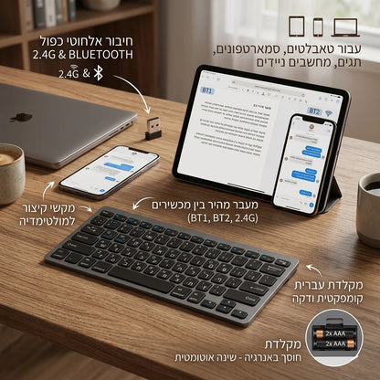 Tastiera wireless con layout ebraico-inglese Bluetooth e 2.4G Dual Mode, sottile, compatta ed ergonomica per Windows, iOS e Android