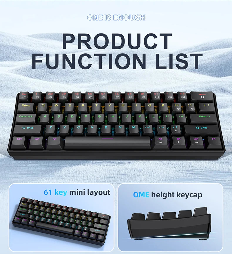APAYADO K61 60% mini laidinė mechaninė žaidimų klaviatūra Phantom RGB, 61 klavišas, raudoni / mėlyni jungikliai, ergonomiška, nešiojama, skirta PC / nešiojamajam kompiuteriui