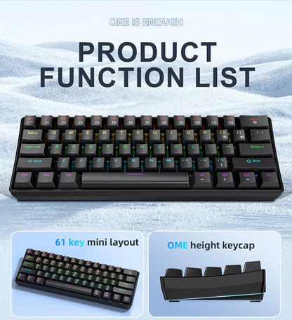 APAYADO K61 60% mini laidinė mechaninė žaidimų klaviatūra Phantom RGB, 61 klavišas, raudoni / mėlyni jungikliai, ergonomiška, nešiojama, skirta PC / nešiojamajam kompiuteriui
