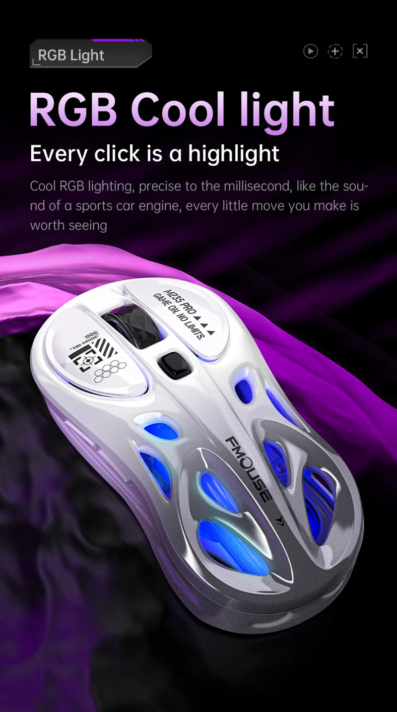 Rato Gaming Sem Fios 2.4G Trimodo RGB, Design Oco Leve com Iluminação Chroma, Com Fios/Bluetooth, Rato E-Sports Controlador