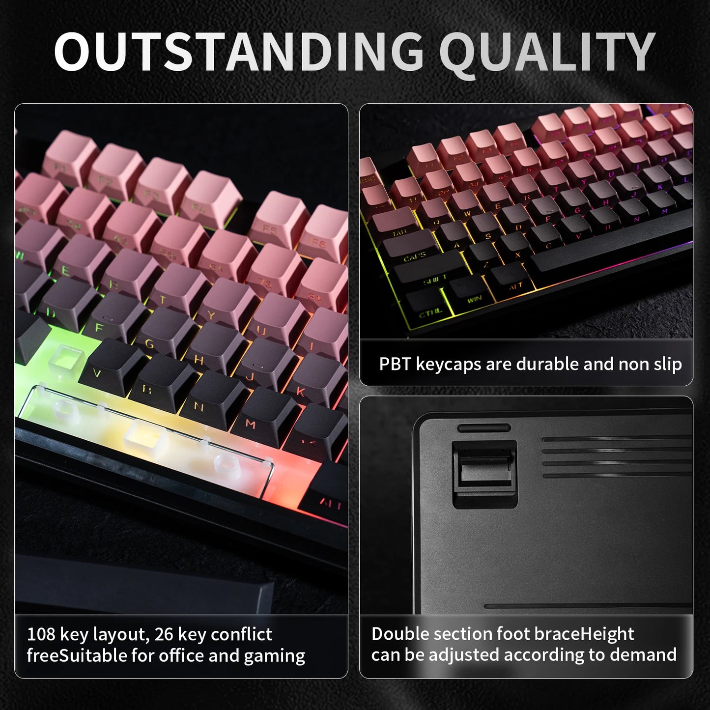 Teclado Bluetooth V108 Pro para oficina, bajo nivel de ruido, 2.4G, con cable e inalámbrico, diseño completo, membrana con retroiluminación RGB