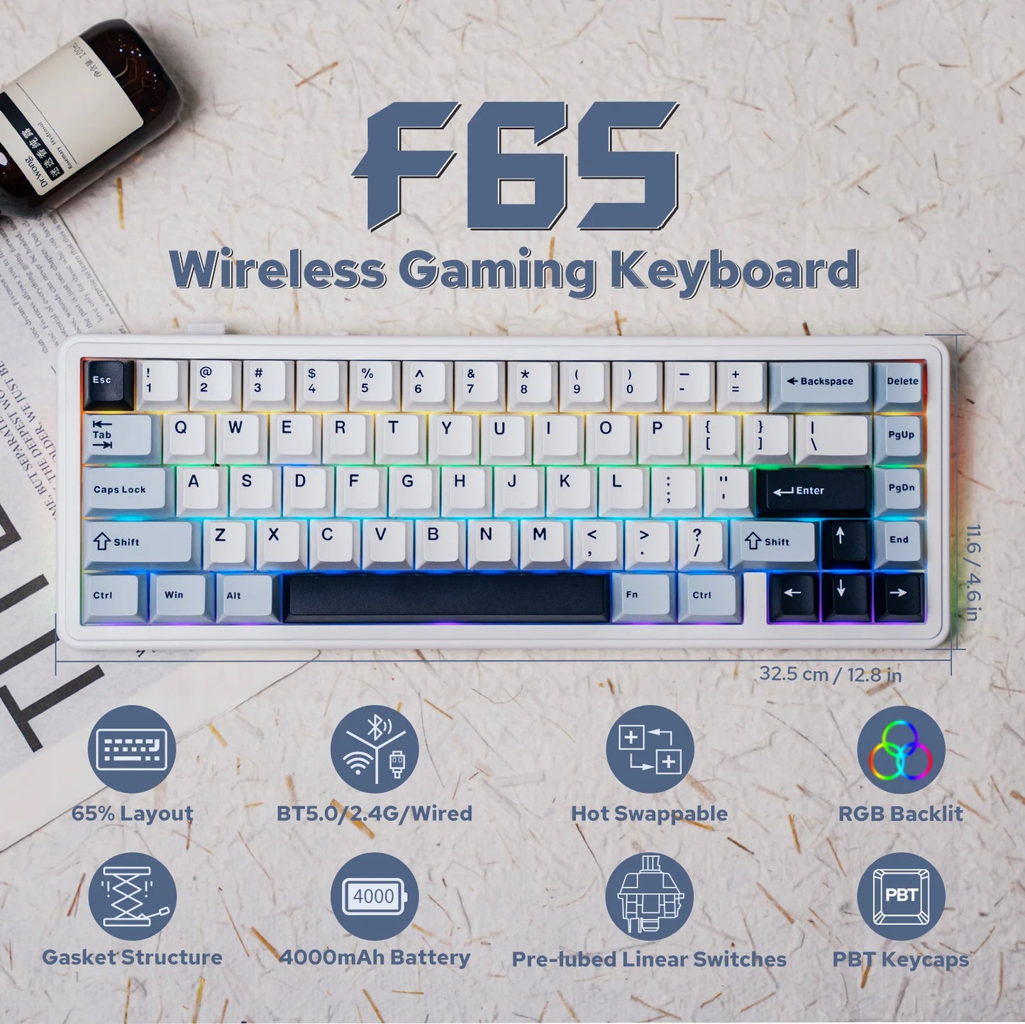Teclado mecánico EPOMAKER x AULA F65 con distribución 65%, hot-swap, montaje gasket y conexión con cable/Bluetooth/inalámbrica 2.4G para Mac/Win