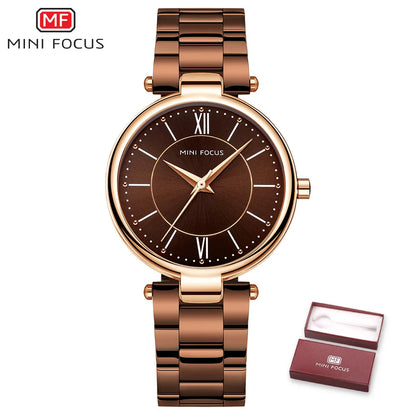 MINI FOCUS Stainless Steel Strap Watches for Women Waterproof Luxury Dress Quartz Wrist Watch Woman Lady Coffee Brown MF0189L