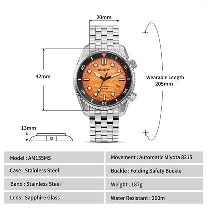 BERNY Diver Automatic Watches Men's Luxury Sapphire 316L Stainless Steel Mechanical Watch 42MM 200M Waterproof Diving Men Watch
