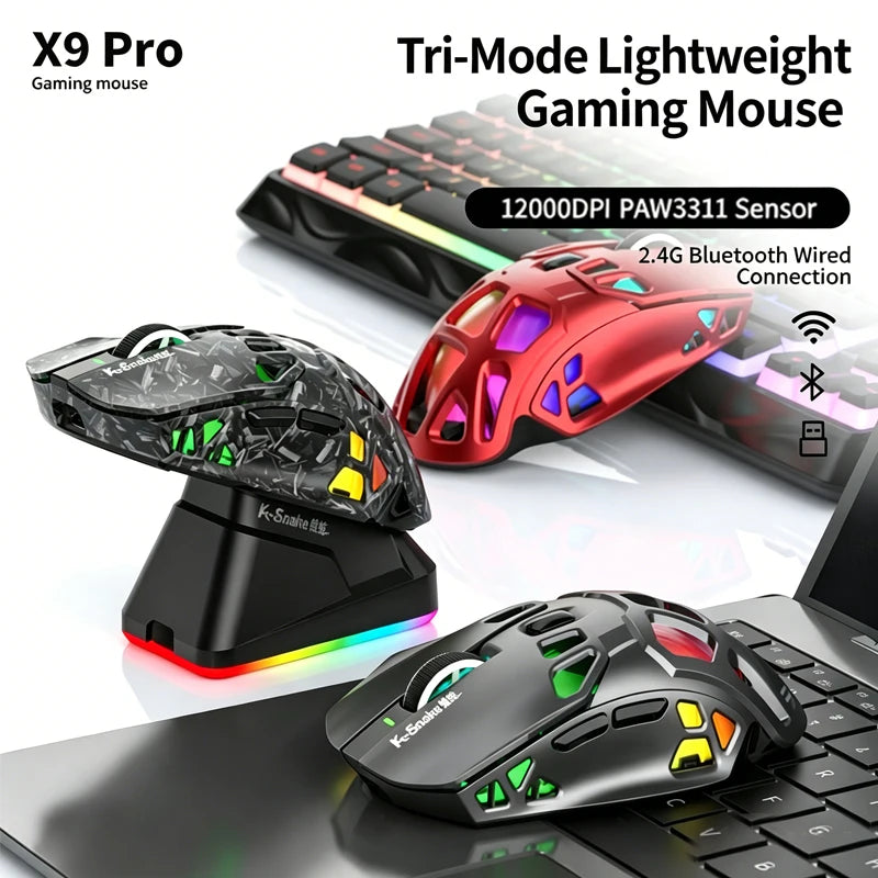 Ľahká herná myš Lenovo Tri-Mode s RGB nabíjacím dokom, 12000DPI, 2.4G/Bluetooth/káblové pripojenie, ergonomická myš pre PC a notebook