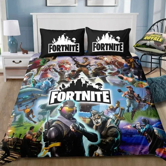 Conjunto de Cama Fortnite de 3 Peças, Roupa de Cama para Quarto com Impressão 3D, Jogo, Cartoon, Capa de Edredão e Fronha Decorativas, Presente de Aniversário