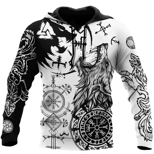 Novo Wolf Tattoo Vegvisir preto e branco 3D com estampado integral — hoodie e sweatshirt unissexo para homem, fato de treino casual de outono