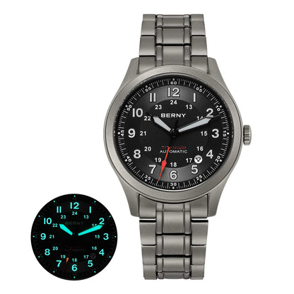 BERNY Full Titanium Automatic Watches for Men Super Luminous Sapphire Mechanical Field Watch Date 10ATM Sports Easy Read