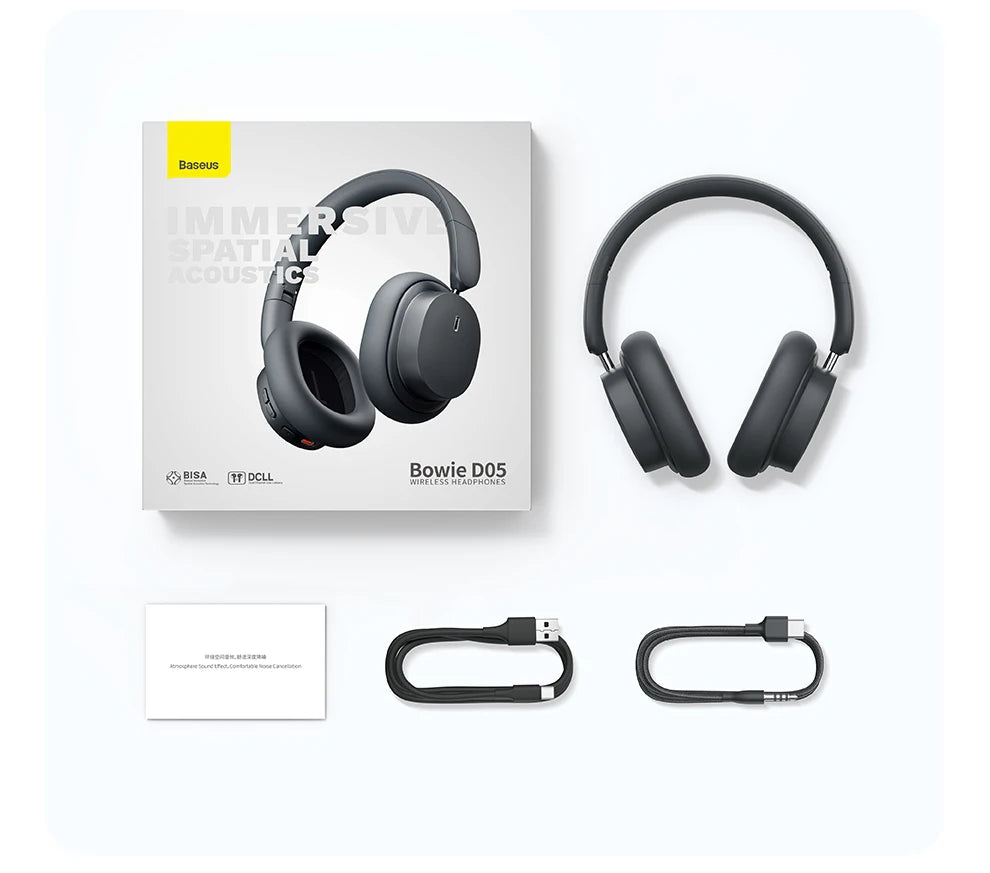 Baseus Bowie D05 Wireless Bluetooth 5.3 Headphones – HiFi Stereo Foldable 70H Battery Over-Ear Headset with Deep Bass & Dual Connection
