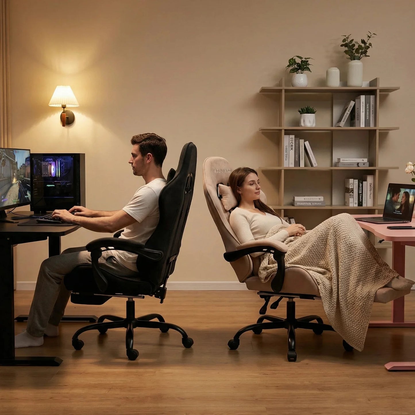 Ergonomic Massage Gaming Chair with Fabric Comfort, Adjustable Computer Office Chair, 360° Swivel Reclining Game Chair with Headrest & Lumbar Support
