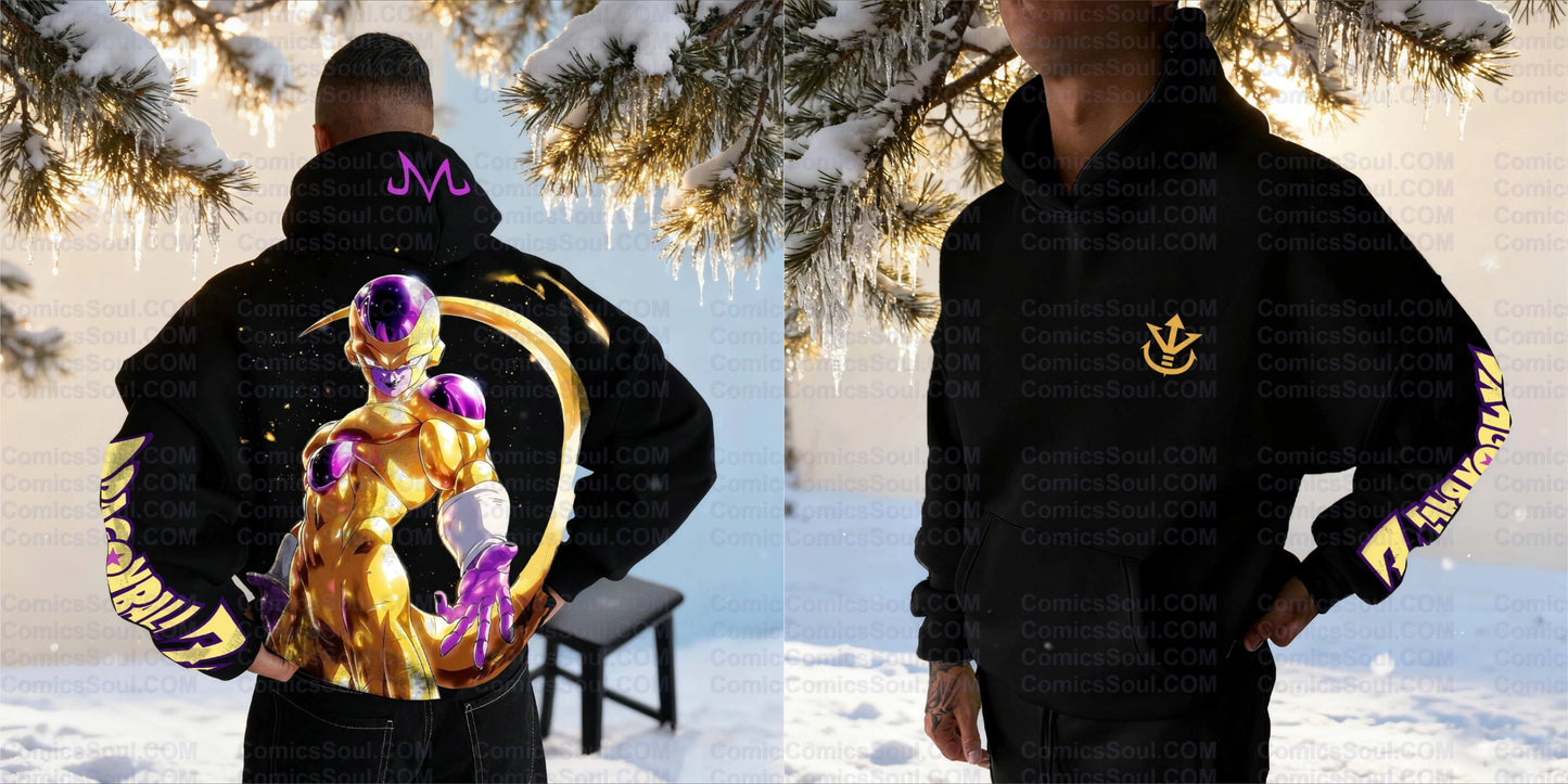 Conjunto de sudadera con capucha negra Dragon Ball Z Frieza Golden Form con estampado trasero de efecto de energía morada en algodón y diseño con logotipo M