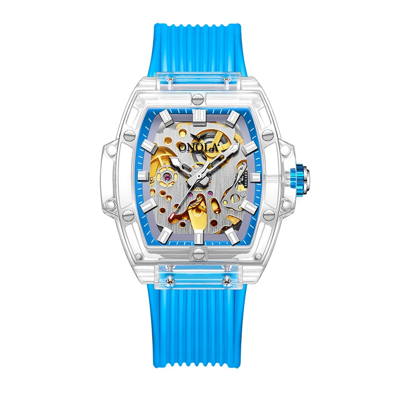 Luxury men's watch onola plastic transparent hollow full automatic mechanical watches men waterproof clock