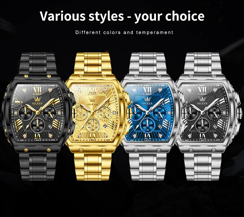 OLEVS New Design Tonneau Watch Men Luminous Waterproof Date Stainless Steel Chronograph Quartz Watches for Men Relogio Masculino