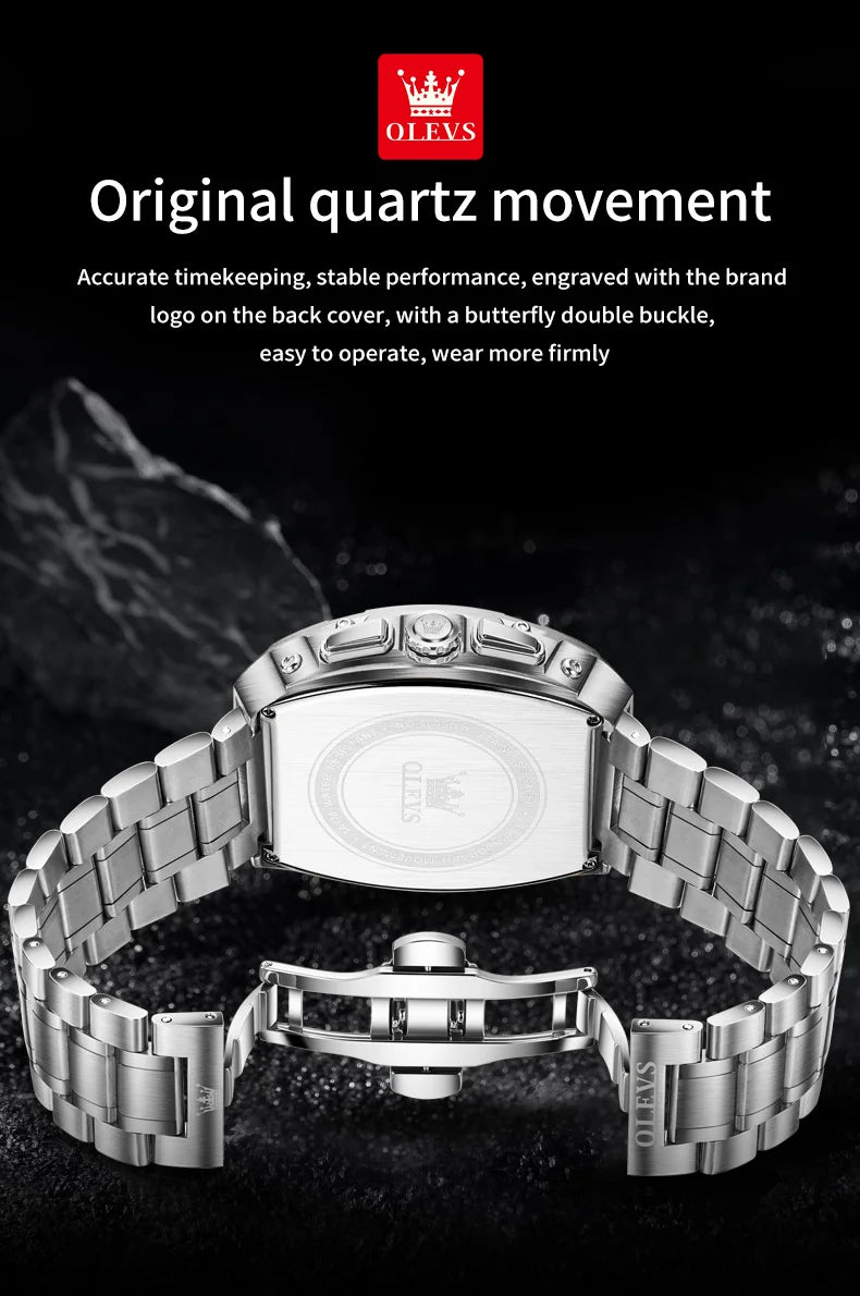 OLEVS New Design Tonneau Watch Men Luminous Waterproof Date Stainless Steel Chronograph Quartz Watches for Men Relogio Masculino