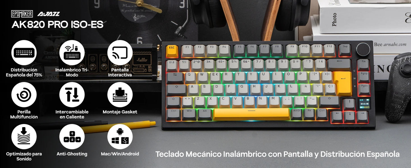 ISO-ES-Layout EPOMAKER X AJAZZ AK820 PRO 75% Spanisches Layout Kabelgebundene/2.4GHz/BT mechanische Tastatur mit Display & Drehregler für PC/Mac