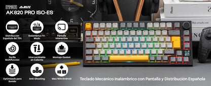 ISO-ES-Layout EPOMAKER X AJAZZ AK820 PRO 75% Spanisches Layout Kabelgebundene/2.4GHz/BT mechanische Tastatur mit Display & Drehregler für PC/Mac