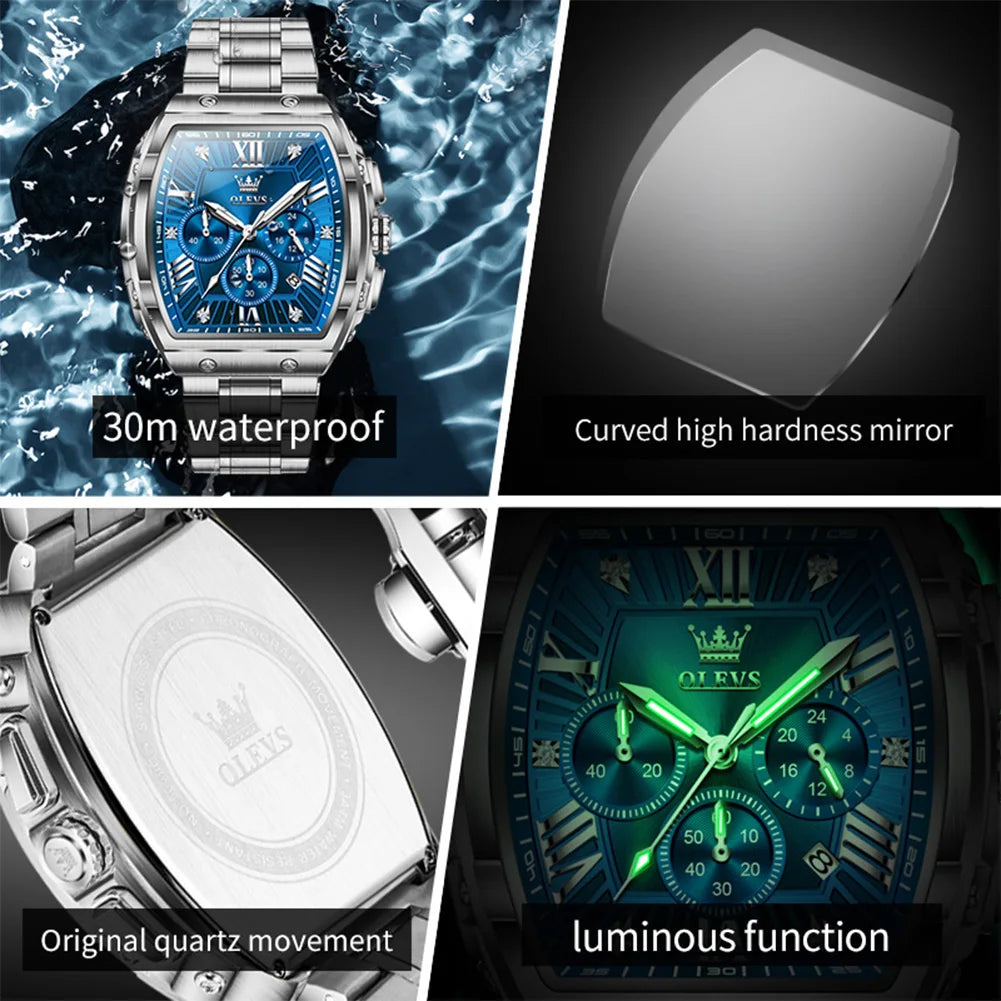 OLEVS New Design Tonneau Watch Men Luminous Waterproof Date Stainless Steel Chronograph Quartz Watches for Men Relogio Masculino