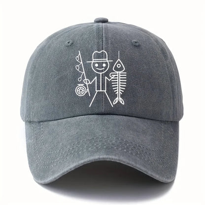 Printed cartoon man fishing baseball cap, outdoor curved brim cap, truck driver cap, vacation travel camping