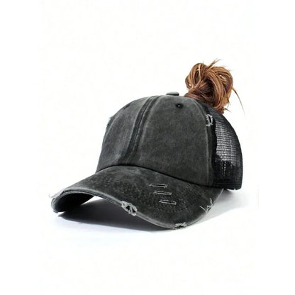 1pc Vintage Ponytail Mesh Baseball Cap,Adjustable Outdoor Sun Protection Washed Distress Trucker Hat,Suitable for Spring/Autumn