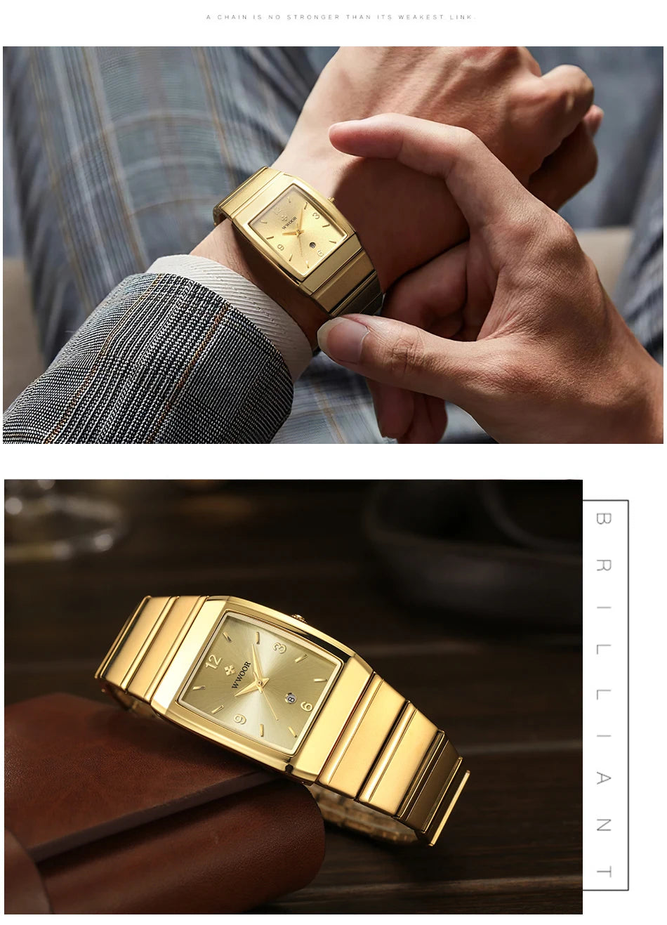 Relogio Masculino WWOOR New Man's Square Watch For Men with Automatic Date Luxury Stainless Steel Gold Mens Quartz Wrist Watches