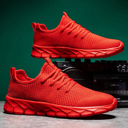Sapatos de homem Four Seasons novos tamanhos grandes em malha Flyknit, leves e respiráveis, sapatilhas desportivas casuais com sola macia para corrida ao ar livre