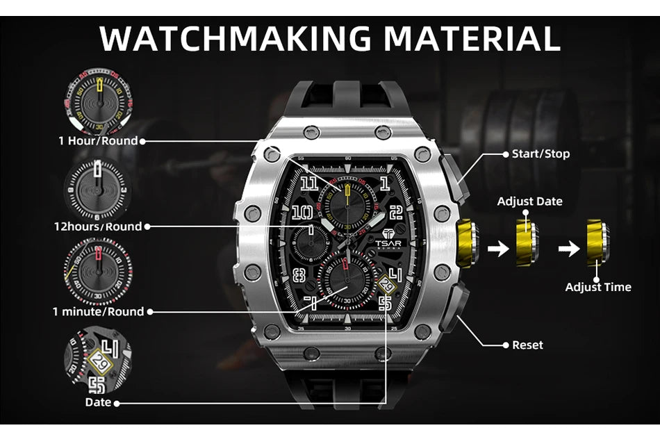 TSAR BOMBA Uhr für Herren, Luxusmarke, Tonneau-Design, wasserdichte Uhr, Edelstahl-Armbanduhr, modische rechteckige Herrenuhr