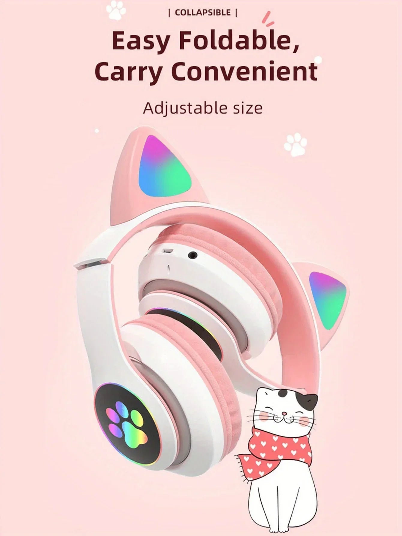 Cute Cat Ears Wireless Bluetooth Headphones with Mic LED Lights, Kids Stereo Music Headset, Cat Ear Wireless Headphones with Noise Cancelling, Gaming & Gift Headphones