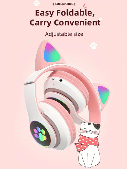 Cute Cat Ears Wireless Bluetooth Headphones with Mic LED Lights, Kids Stereo Music Headset, Cat Ear Wireless Headphones with Noise Cancelling, Gaming & Gift Headphones