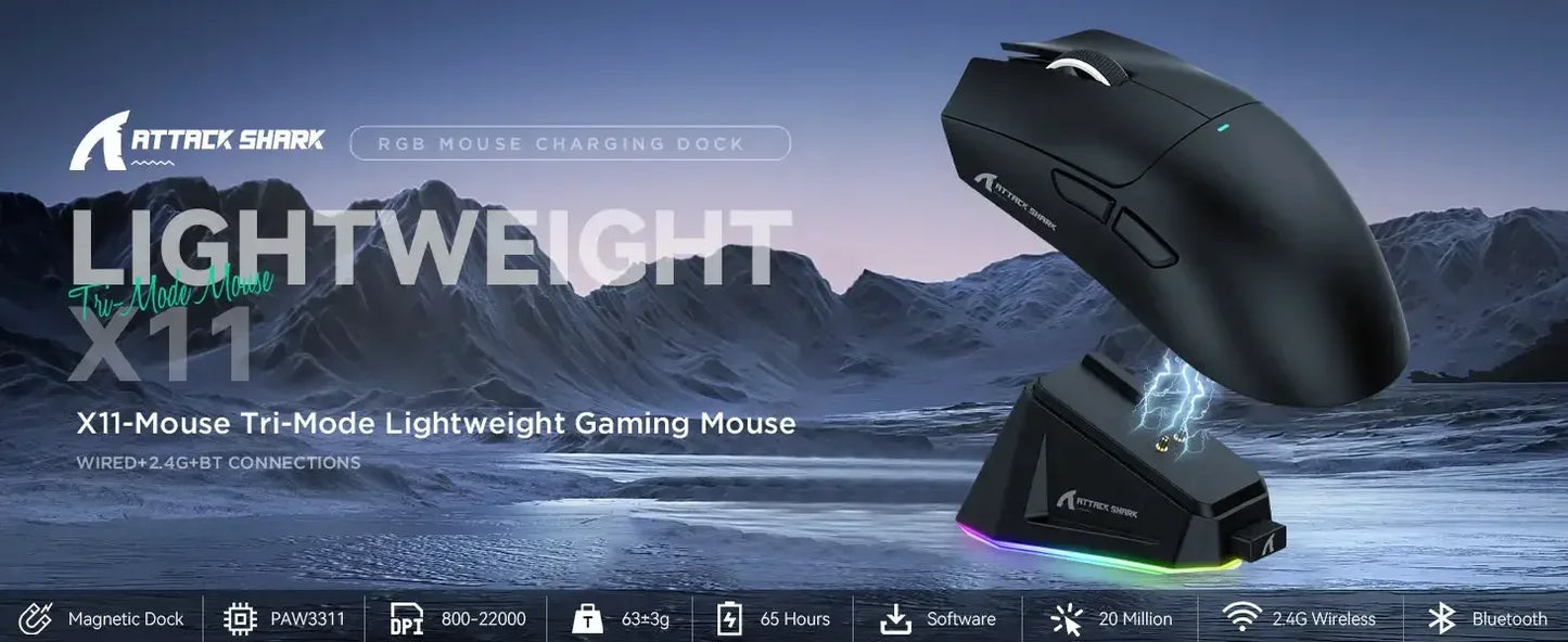 ATTACK SHARK X11 Wireless Gaming Mouse with Charging Dock, PAW3311 Sensor, 22,000 DPI, Tri-Mode Bluetooth 2.4G & Wired Gaming Mouse
