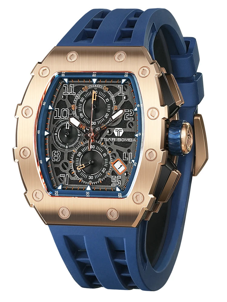 TSAR BOMBA Uhr für Herren, Luxusmarke, Tonneau-Design, wasserdichte Uhr, Edelstahl-Armbanduhr, modische rechteckige Herrenuhr