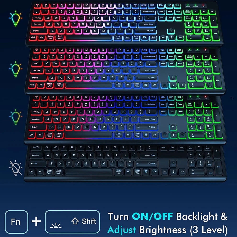 Combo de teclado y ratón inalámbricos con retroiluminación RGB, letras iluminadas recargables, tamaño completo, ergonómico, modo de suspensión, 2.4GHz
