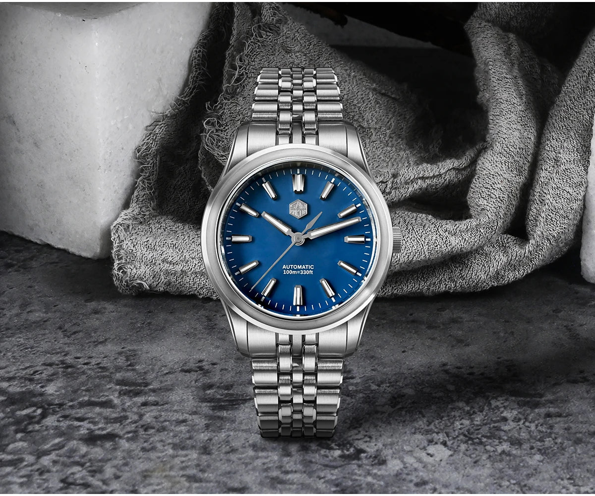 San Martin 39mm Miyota 90S5 Enamel Dial GADA Wristwatch Automatic Mechanical Sapphire BGW-X1 10Bar 5-Link Bracelet  SN0144CG-7